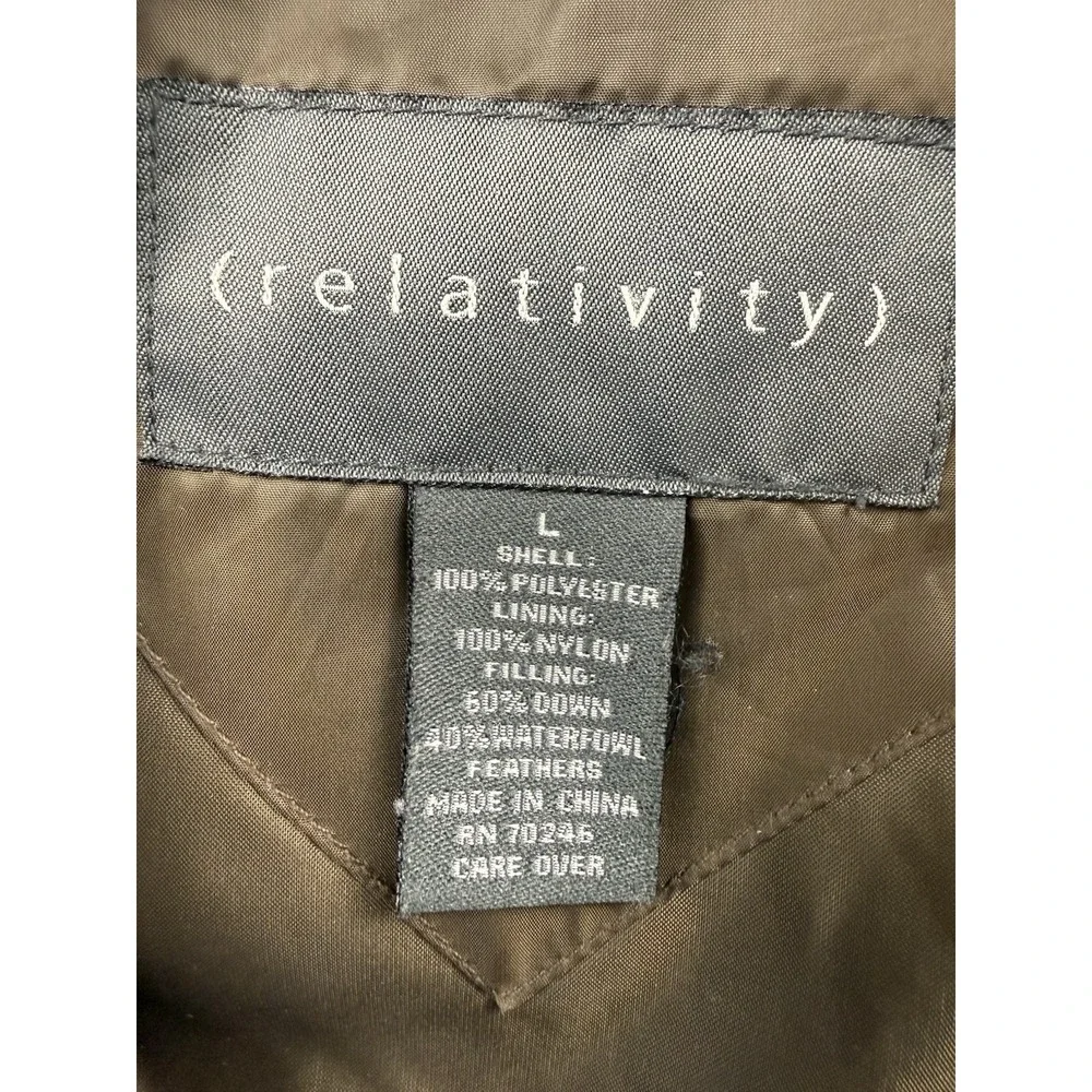 Relativity Down Fill Parka Jacket Coat Women's L Brown Full Zip Hooded